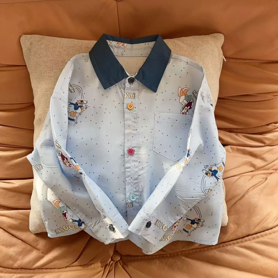 【JMJQ 25001】春秋儿童休闲波点满印米奇长袖撞色翻领时尚衬衫