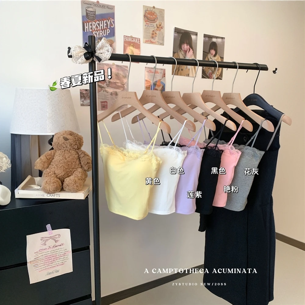 左猫 春夏辣妹蕾丝边美背吊带背心带胸垫固定杯6613#