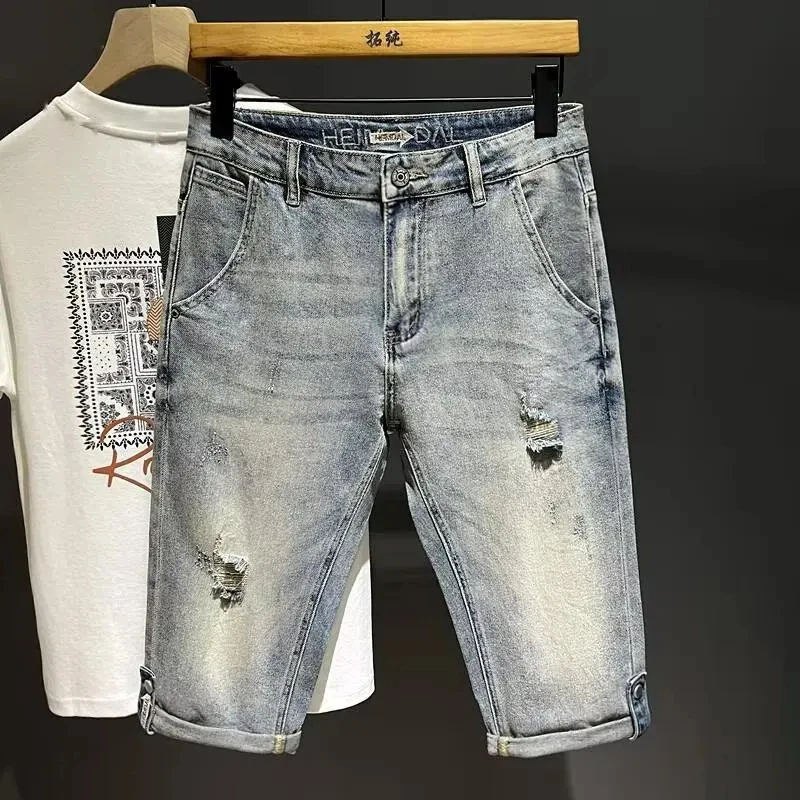 欧美刺绣破洞牛仔短裤男潮牌ins绣花夏季七分中裤夏天时尚外穿裤