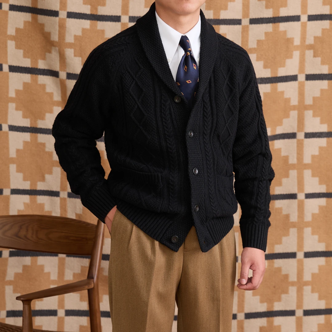 西格Xg 【重磅羊毛针织】麻花翻领加厚保暖羊毛开衫毛衣外套7782