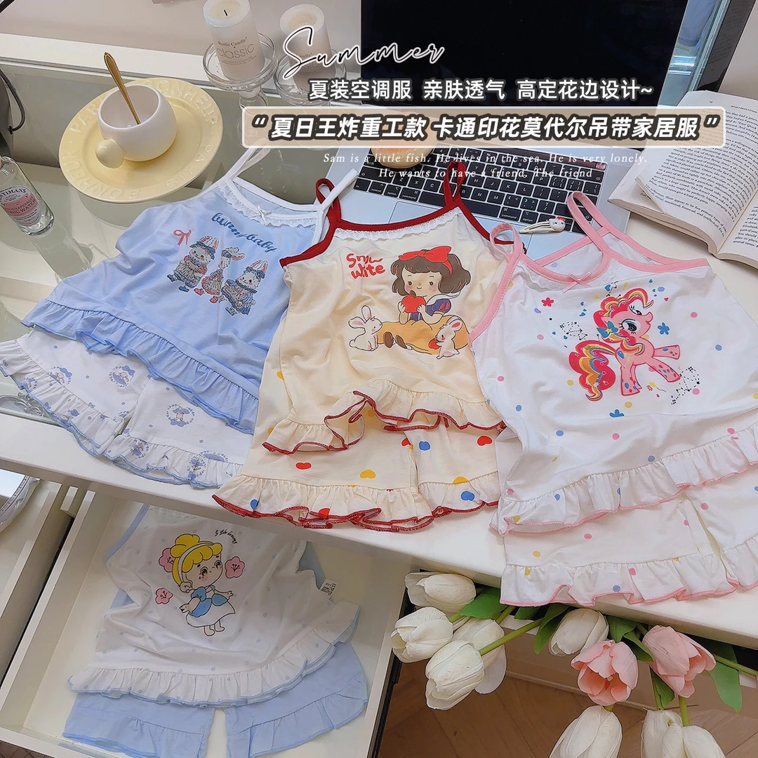 儿童夏季莫代尔吊带套装薄款女童卡通印花背心短裤家居服两件套潮