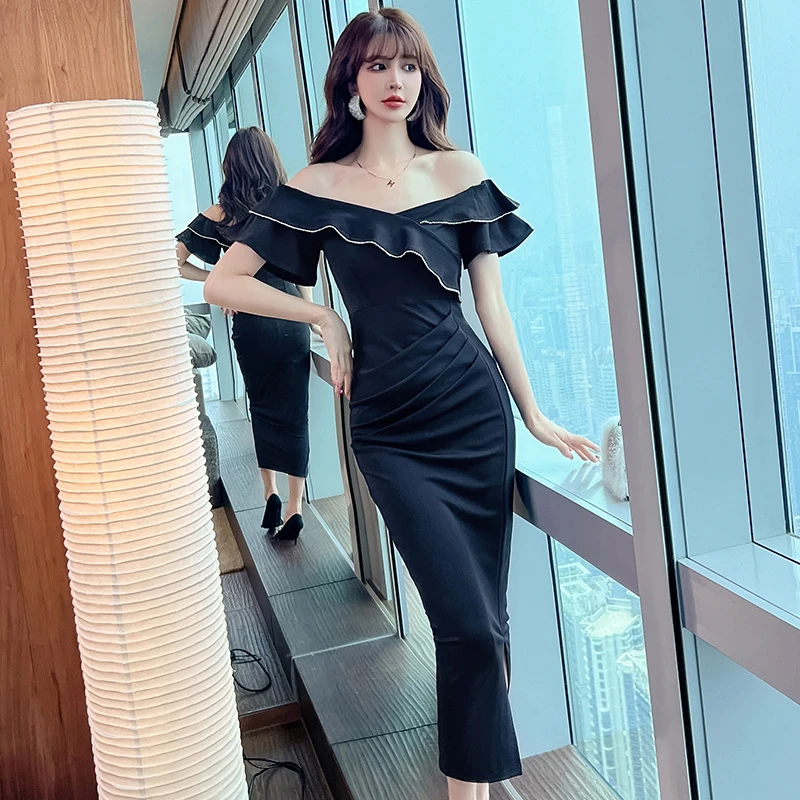 一字肩黑色礼服裙夏季新款性感露肩修身显瘦开叉包臀连衣裙52001