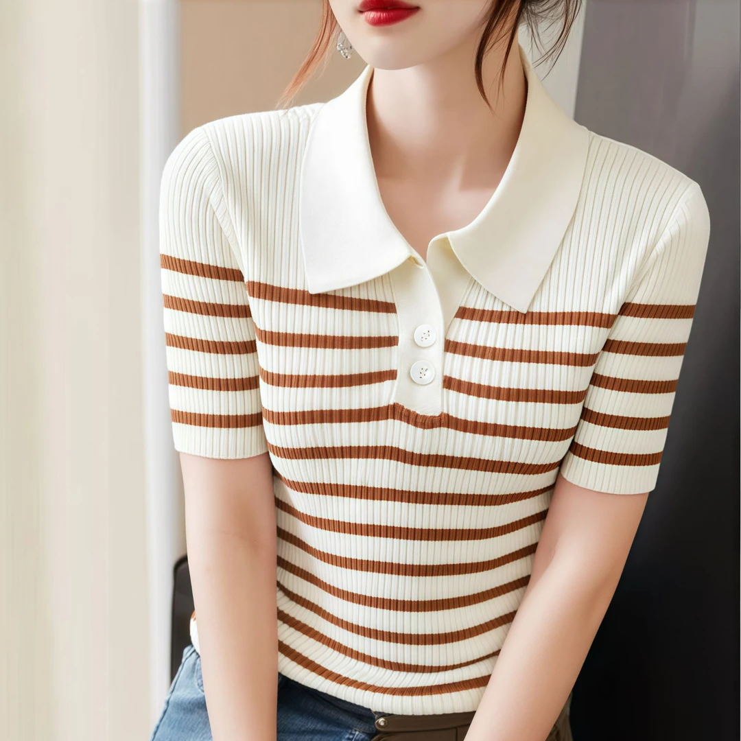 品牌正品显瘦POLO领短袖女夏季短袖条纹毛针织衫撞色薄款T恤上衣