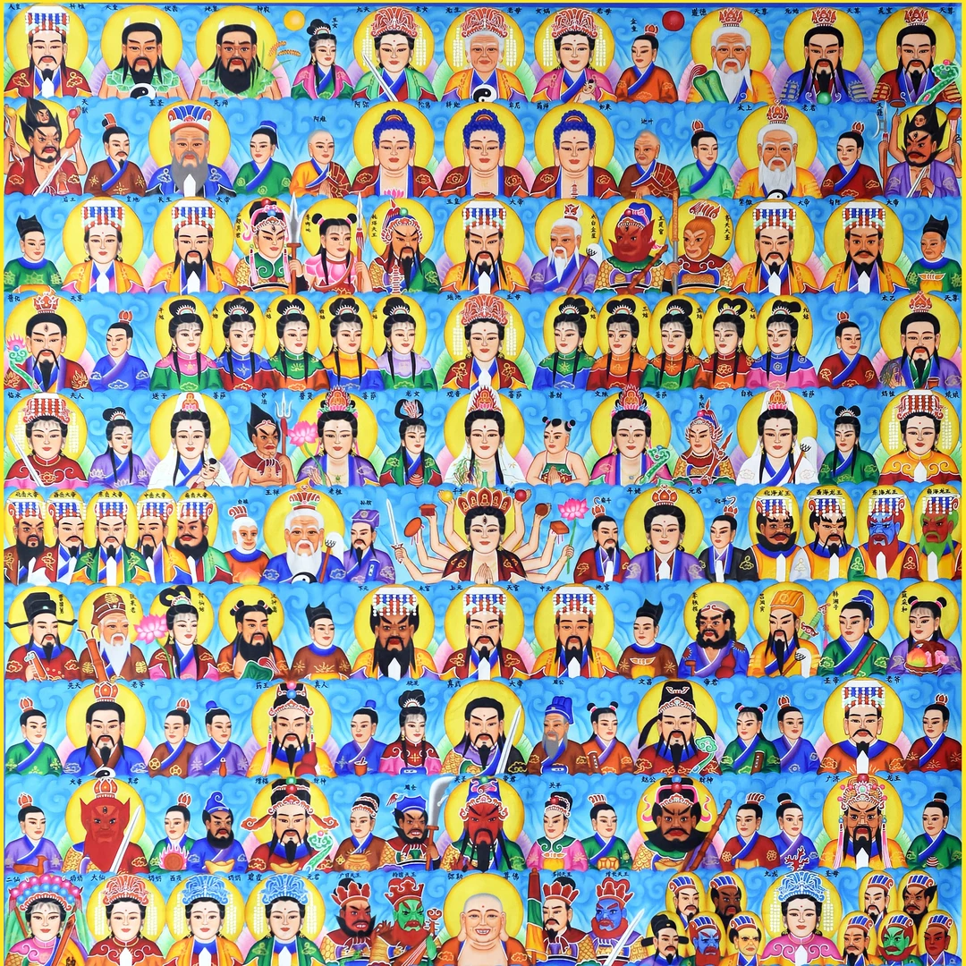佛道天地三界全神图丝绸挂轴画，高1米6，本人手绘原创丝绸高清印制