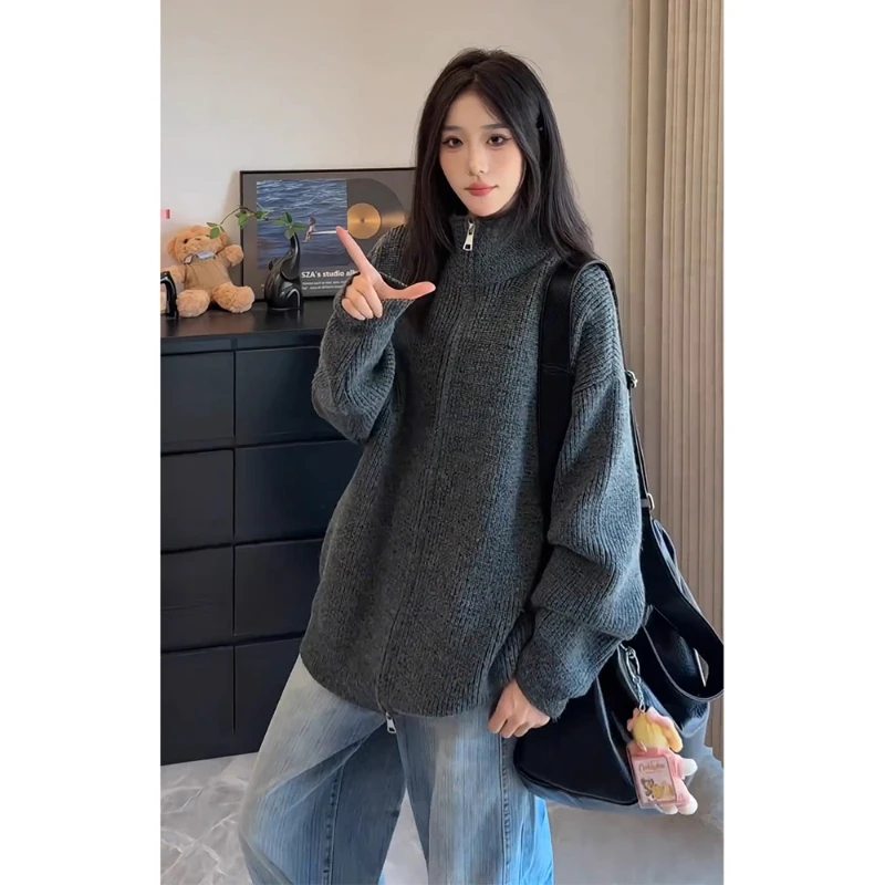 深麻灰cleanfit毛衣开衫男秋ins高级感情侣立领针织衫慵懒风外套