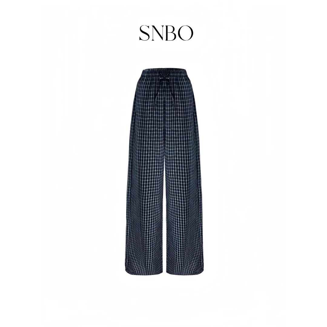 SNBO•0519复古藏青色格子裤低腰宽松显瘦阔腿慵懒风拖地休闲裤
