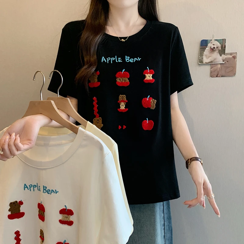 2025夏装新款胖mm大码女时尚减龄卡通绣花宽松显瘦短袖T恤A0739