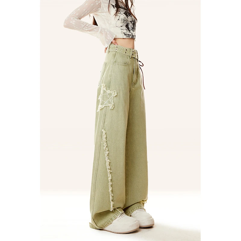 300斤显瘦美式高街阔腿宽松牛仔裤女春季新款设计感高腰拖地长裤