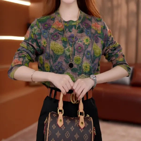 （运费险）繁花满径新款保暖圆领高端小衫套头时髦长袖上衣打底衫复