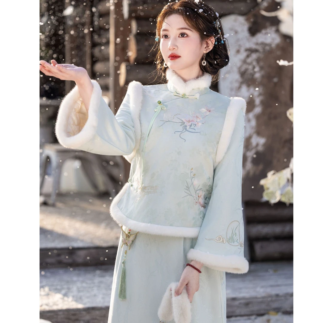 苏故里【晴格格】新款加绒加厚冬款旗袍改良版拜年服减龄套装气质