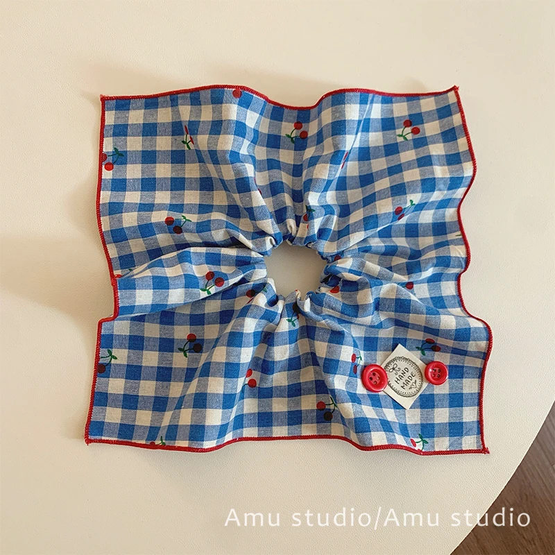 甜美蓝色格子樱桃加大号方巾大肠发圈女方形扎头发低马尾发绳头绳