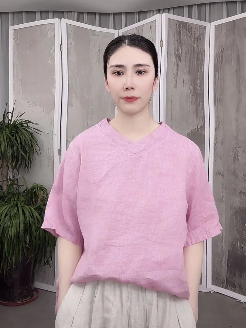 新款纯色砂洗亚麻百搭显瘦前短后长V领短袖T恤女XHH 2278
