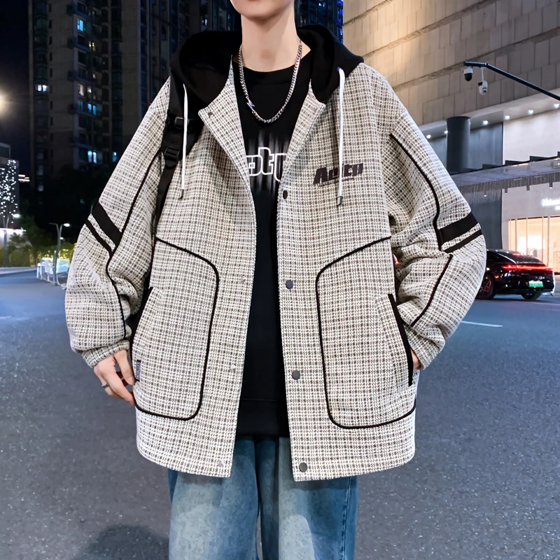 春秋男生潮流美式印花新款长袖外套开衫秋款格子休闲宽松连帽夹克