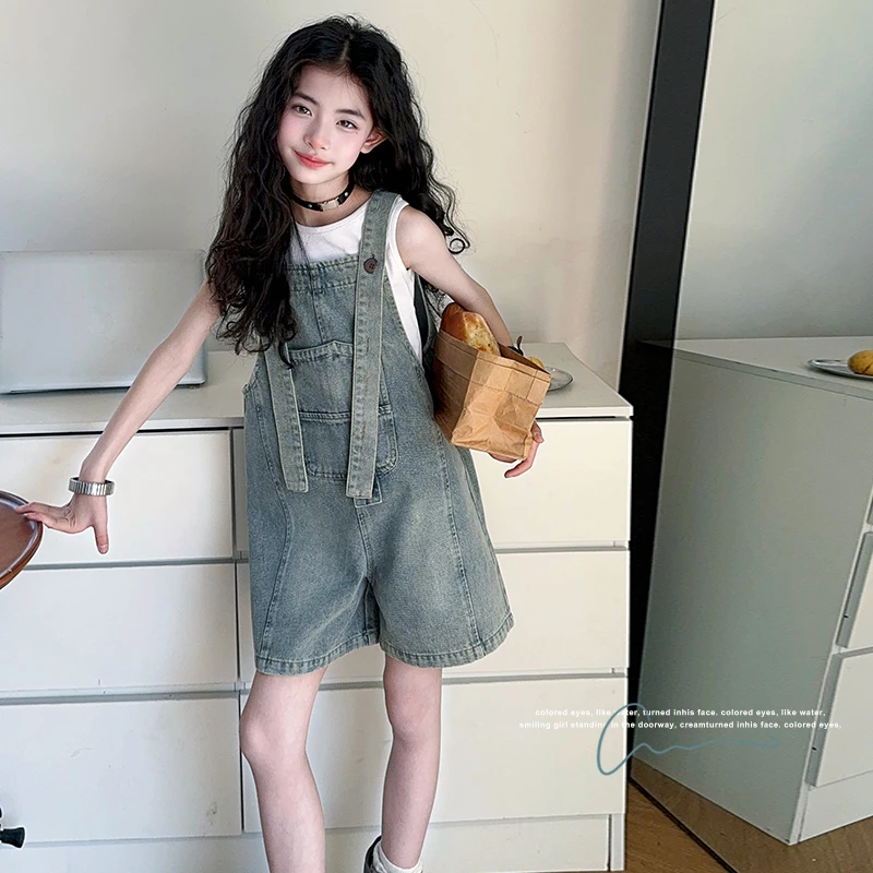 女童套装显瘦纯色背心复古减龄薄款背带裤牛仔短裤两件套2025夏新