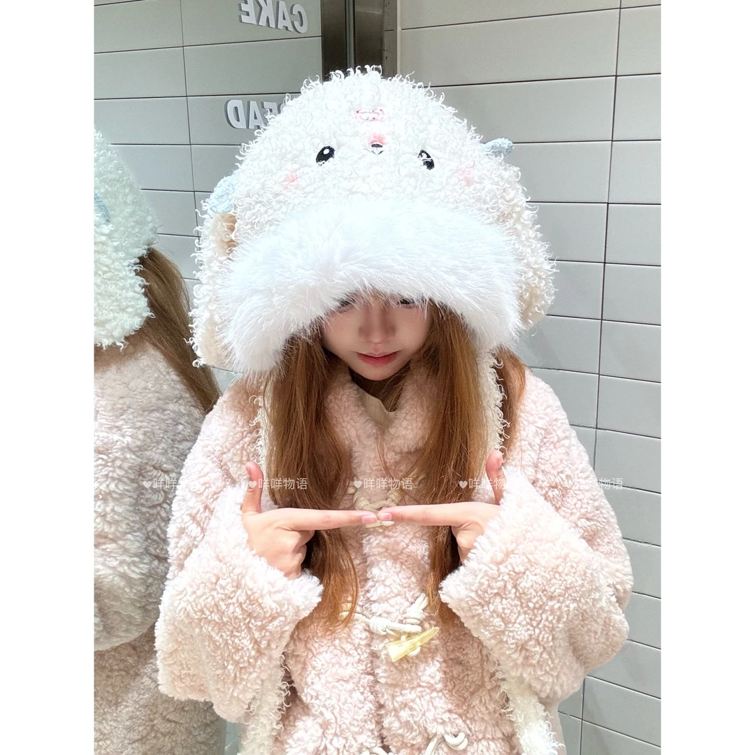 可爱卡通腮红卷毛兔毛绒雷锋帽子女冬季日系百搭保暖护耳套头帽潮
