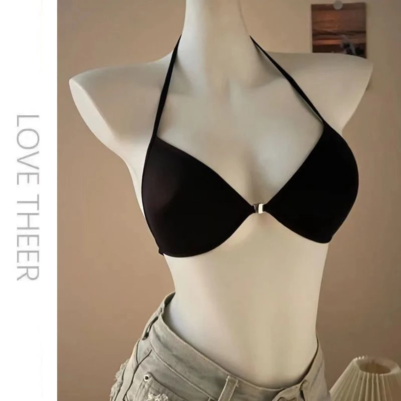 法式前扣交叉挂脖美背露背小胸少女内衣薄款细带无钢圈无痕文胸夏