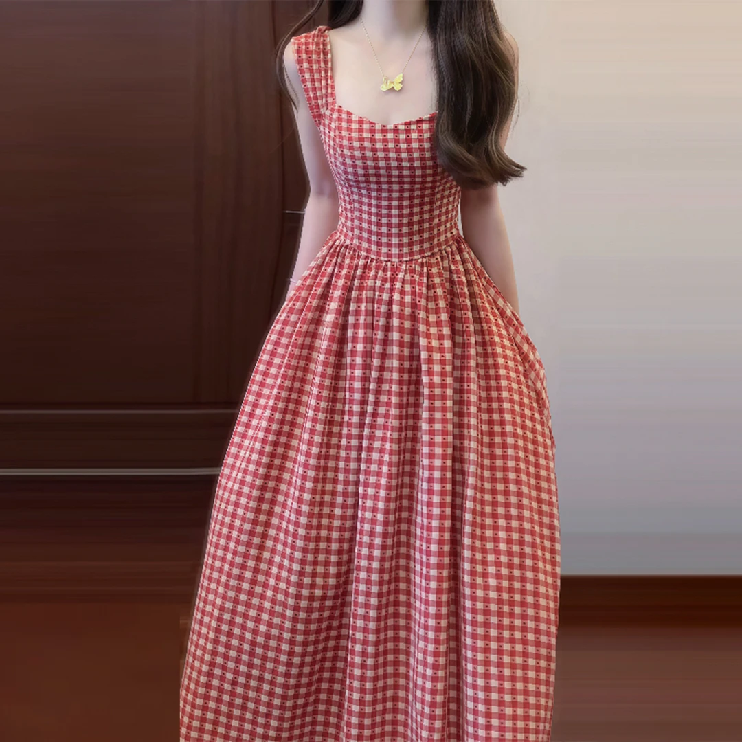 2025夏新款法式气质高级感海边度假绑带长裙红色格子连衣裙5032