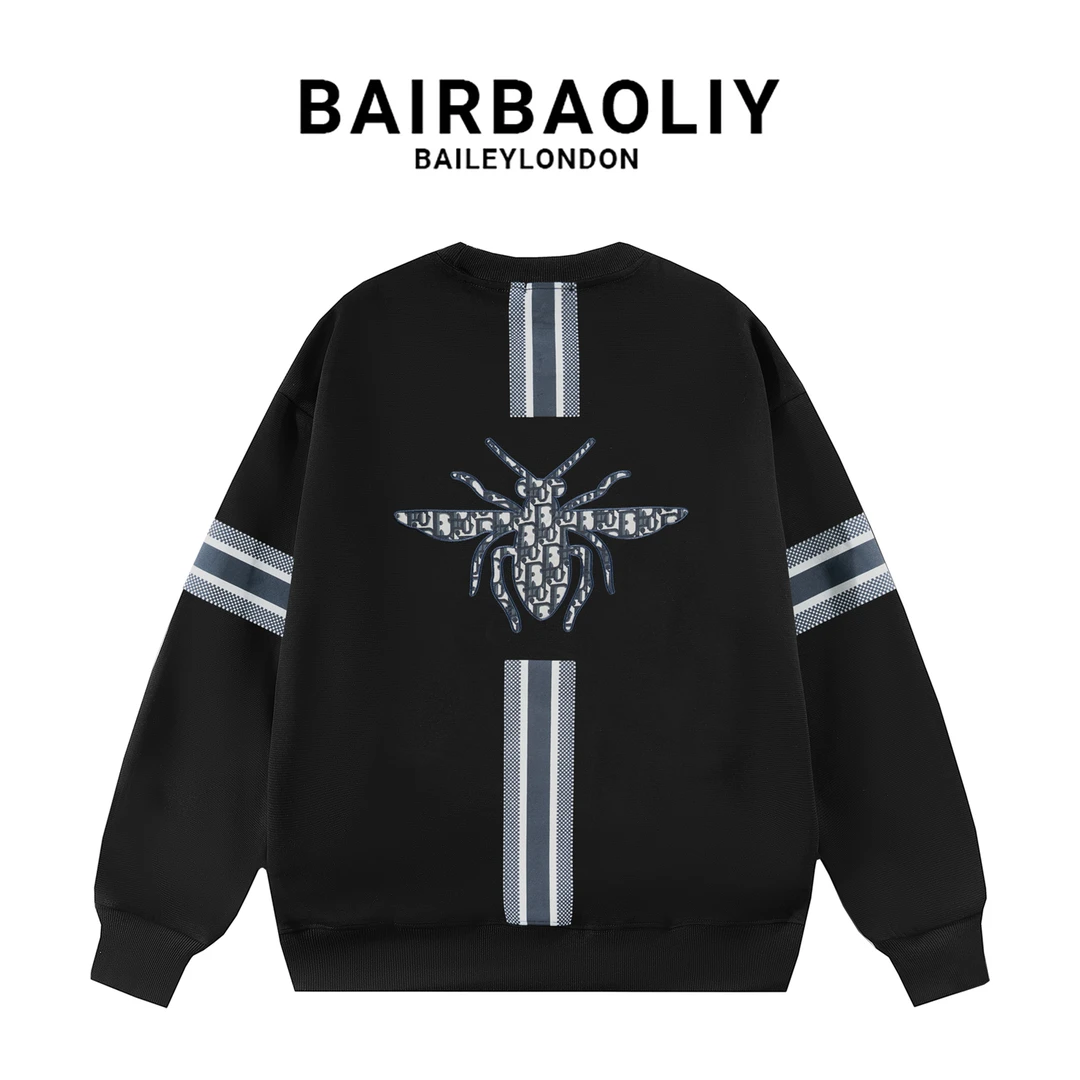 BAIRBAOLIY高端刺绣蜜蜂条纹圆领精致卫衣男大牌质感百搭新款潮牌