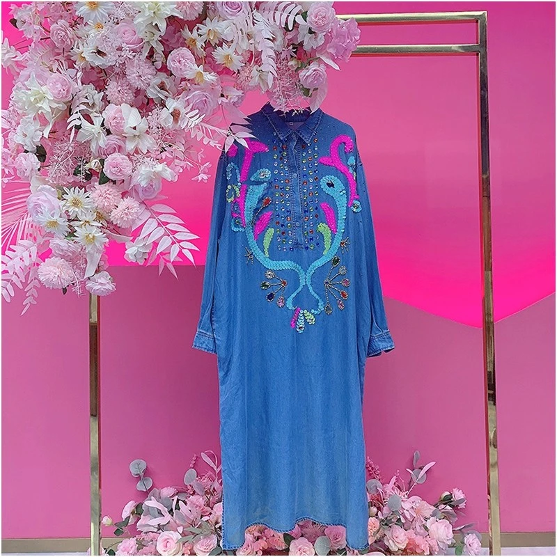 A2682欧美设计师2025夏季新款重工刺绣亮片天丝垂感衬衫连衣裙女