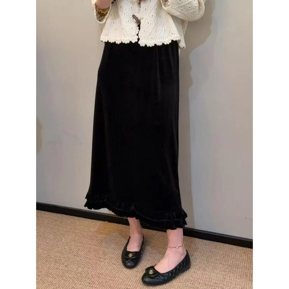 欧货高级感金丝绒半身裙女秋新款荷叶边中长款直筒裙气质裙子