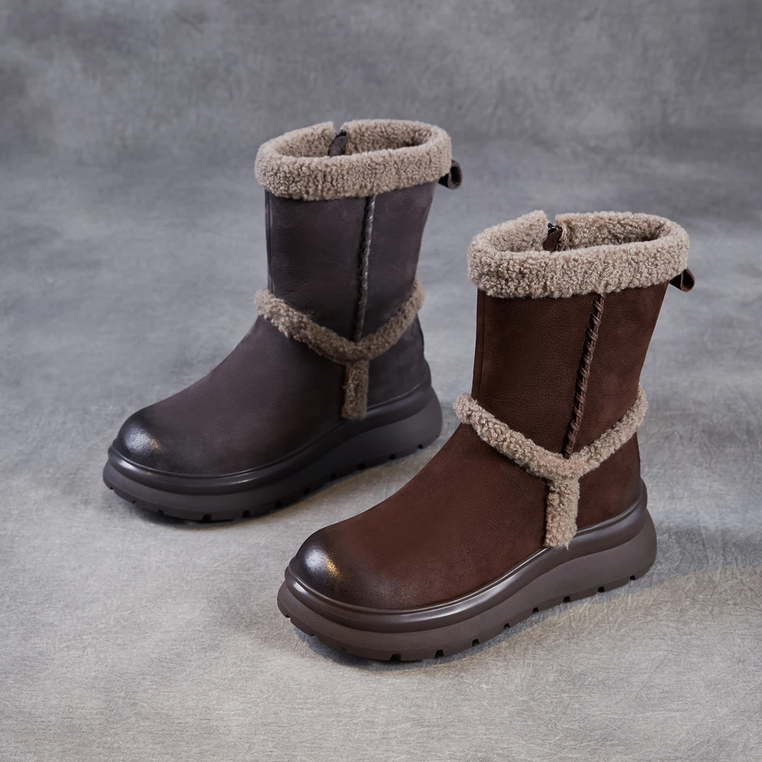 头层牛皮中筒雪地靴女羊羔绒2025新款冬加绒保暖雪地棉鞋东北棉靴