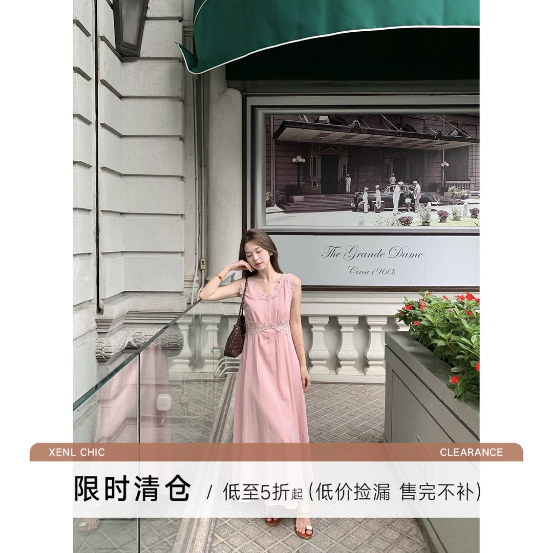 清仓陳文文【花漾粉黛】夏季新款温柔风花边收腰绑带显瘦连衣裙6149