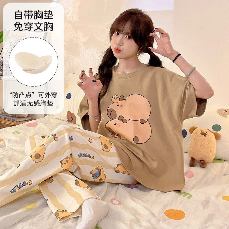 2025新款睡衣女士短袖长裤春夏季带胸垫一体薄款可外穿卡通家居服