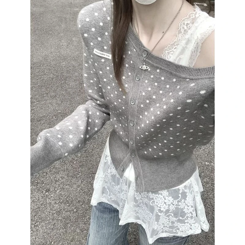 韩系复古波点针织开衫女双色早秋新款修身斜肩毛衣显瘦长袖上衣潮