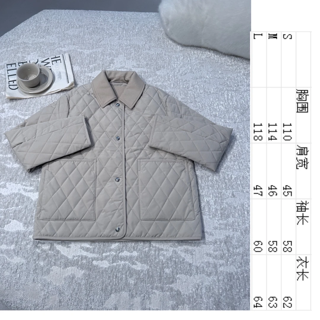 高密实防风菱格绗缝翻领单排扣大口袋棉服 女士加厚保暖