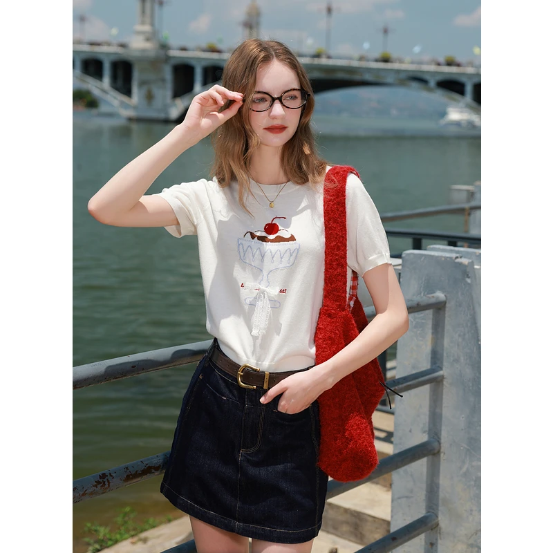 三彩2025夏季新款圆领针织衫设计感蝴蝶结蛋糕套头衫气质上衣女M