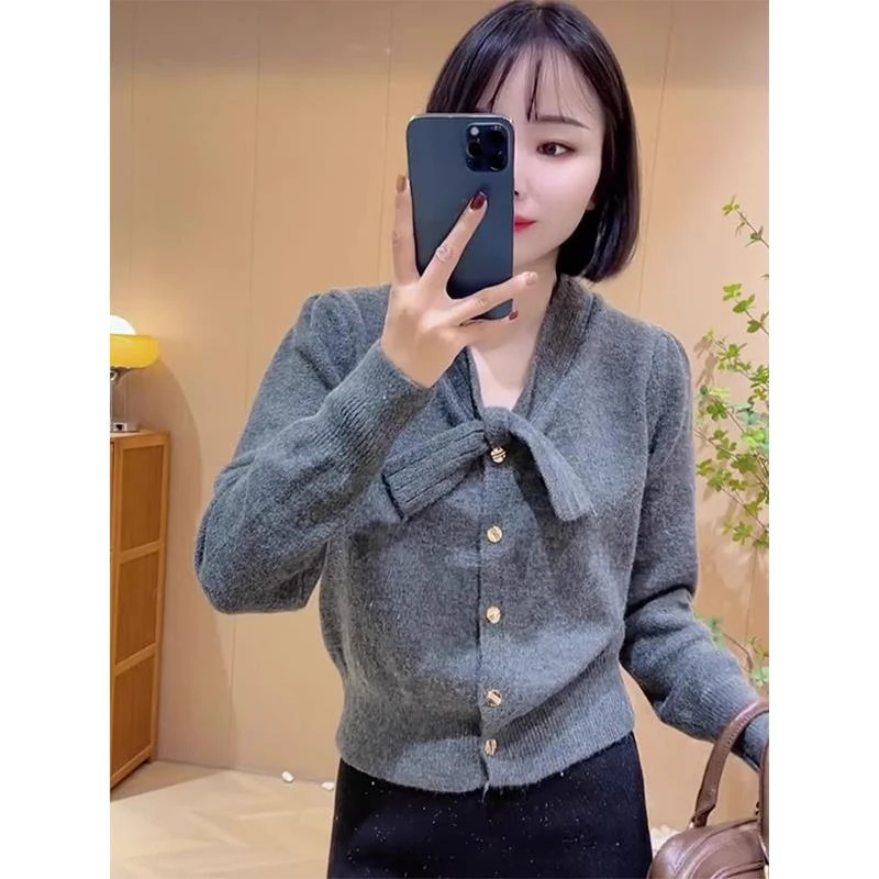 韩系百搭长袖开衫秋冬新款高级感灰色蝴蝶结针织衫气质小香风外套