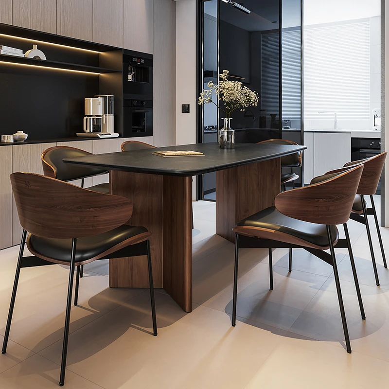 复古风黑胡桃色实木岩板餐桌侘寂风小户型黑色餐桌椅组合