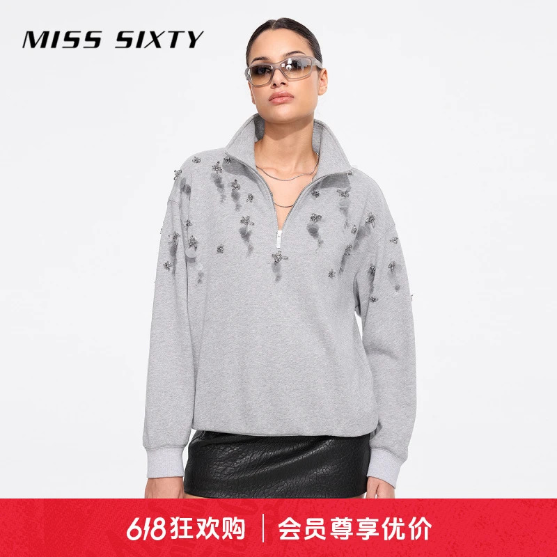 Miss Sixty冬季新款卫衣女立领半拉链重工钉珠宽松细闪上衣
