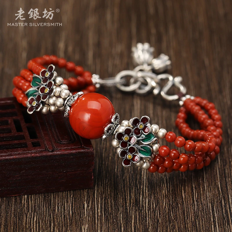 老银坊南红玛瑙手链 s925银 4排小花 小众珠宝饰品  国风 0033548
