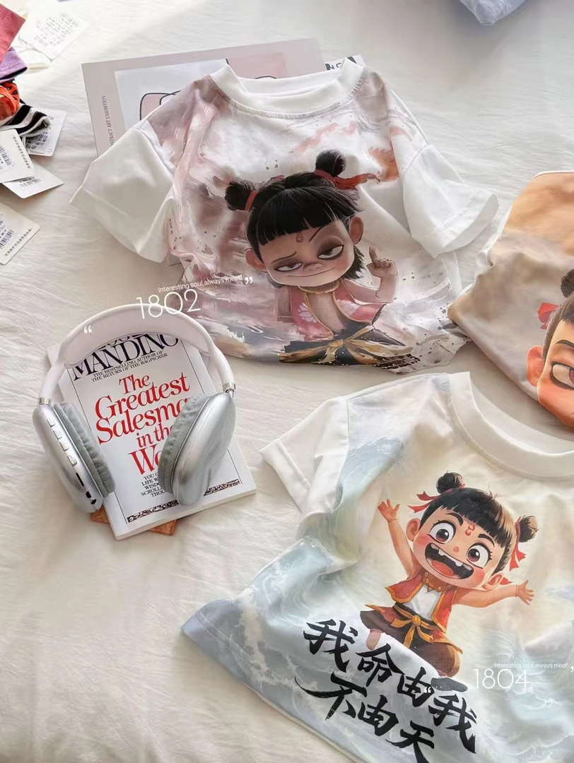 数码印花.夏季新款哪吒儿童衣服纯棉时尚百搭圆领喷染短袖ins