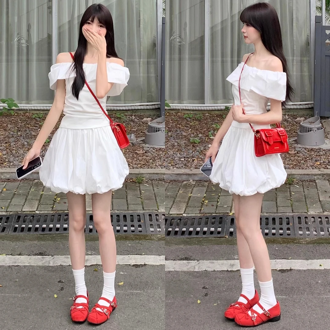 白色花苞短裙女夏季2025新款高腰a字泡泡蓬蓬半身裙小个子蛋糕裙