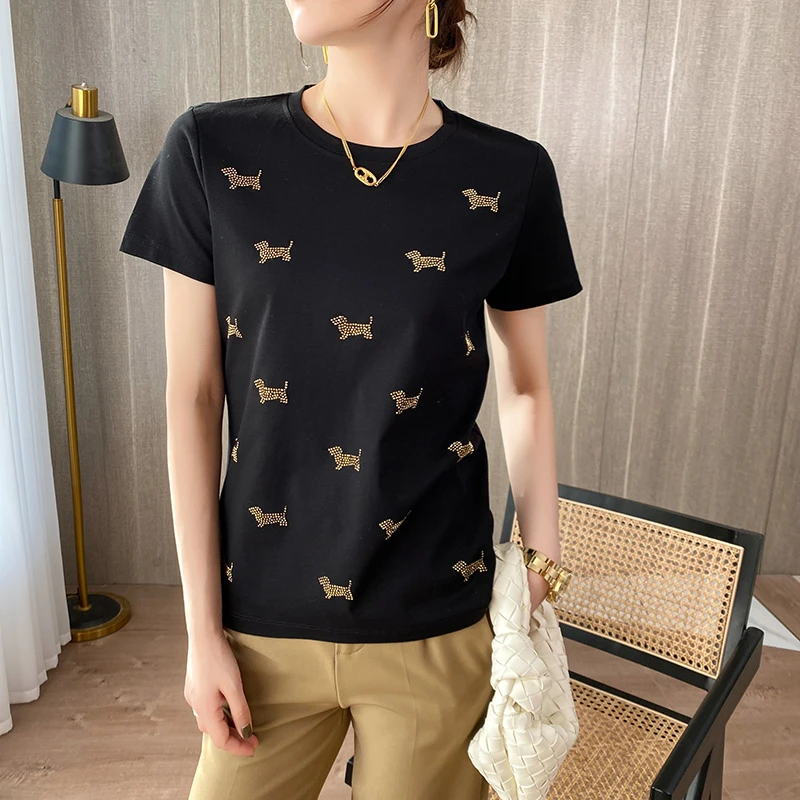 100%纯棉T恤女130支双面丝光棉短袖圆领宽松大码夏季百搭烫钻印花