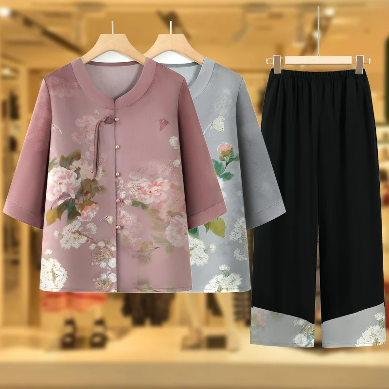 奶奶夏装衬衫新款七分袖中老年人女夏季洋气开衫两件套老太太套装