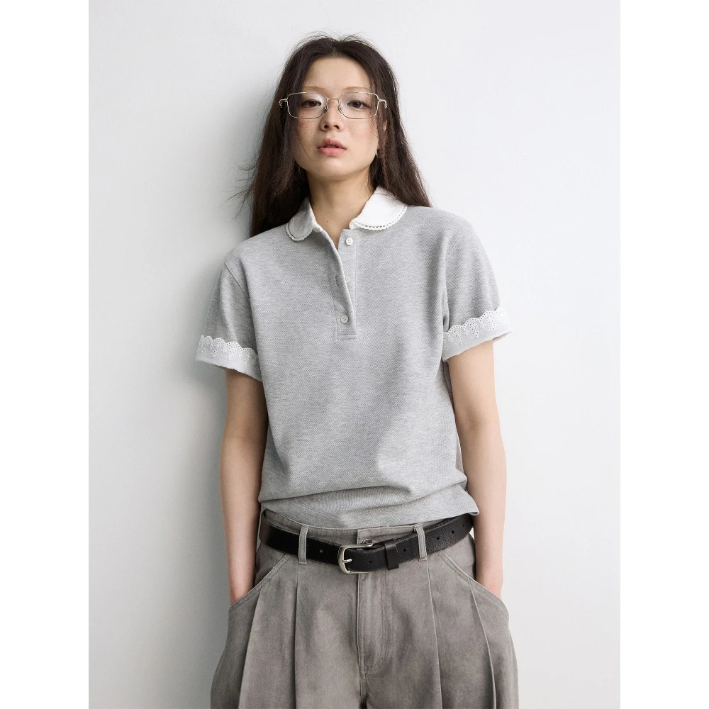 3355# 绣花彼得潘领 卷边袖口微微宽肩POLO衫针织T恤运动时尚休闲