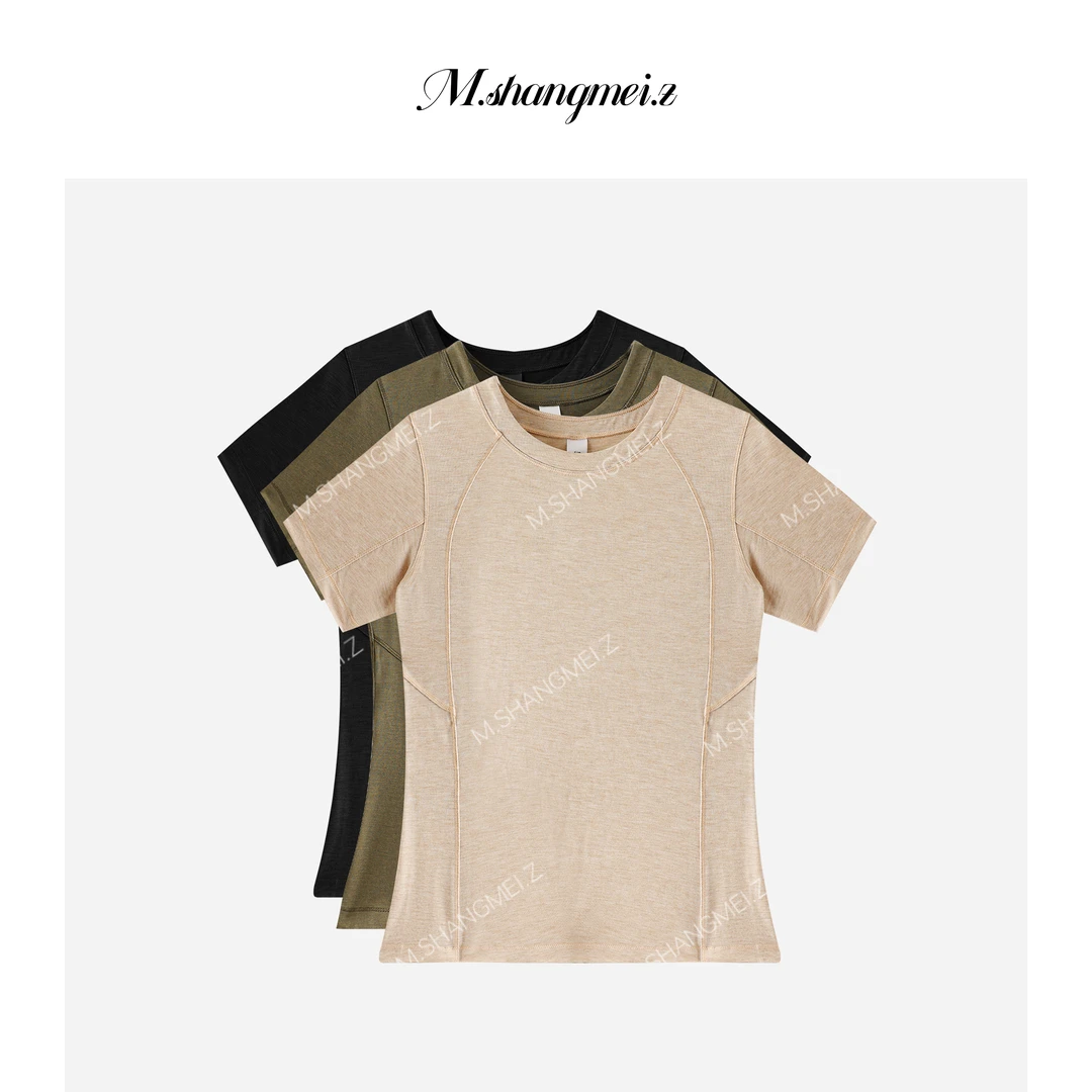 M.SHANGMEI.Z/沐熙【灵感收腰T】美大哥舒适透气明线装饰T恤X072747