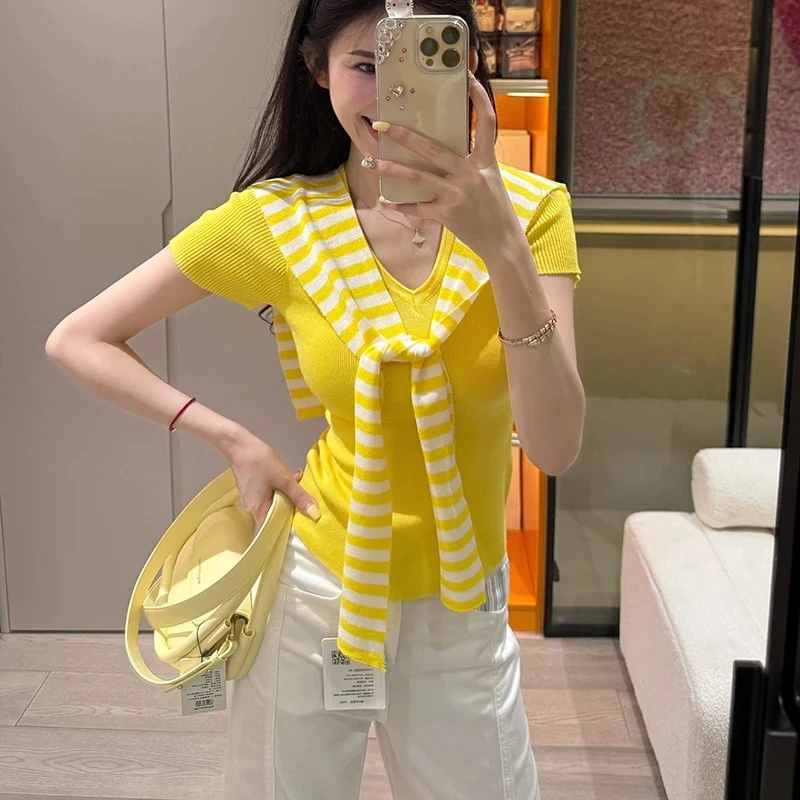大码胖mm韩版百搭披肩v领短袖女夏超好看遮肉显瘦掐腰上衣