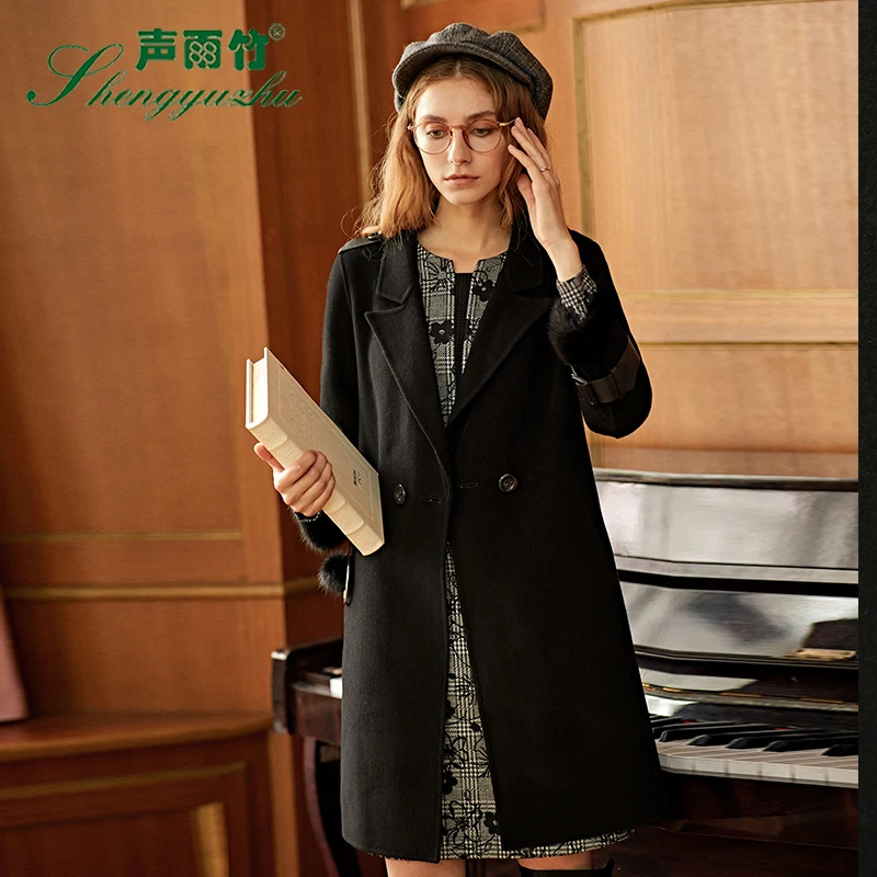 声雨竹冬装干练西装长款领黑色一粒扣毛呢大衣外套秋冬款新款外套