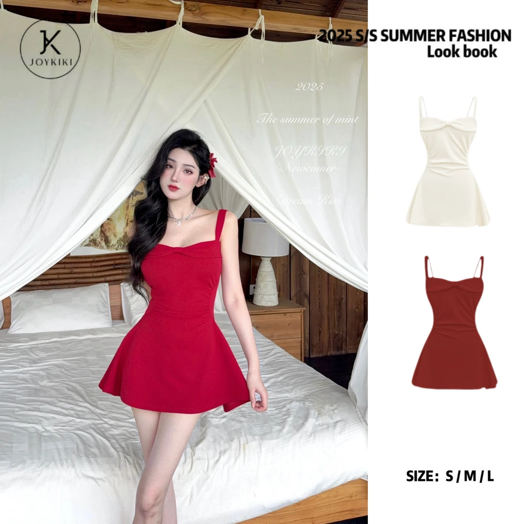 JOY KIKI清清!【南法风情】气质拼接蝴蝶结捏褶设计连衣裙J25B540