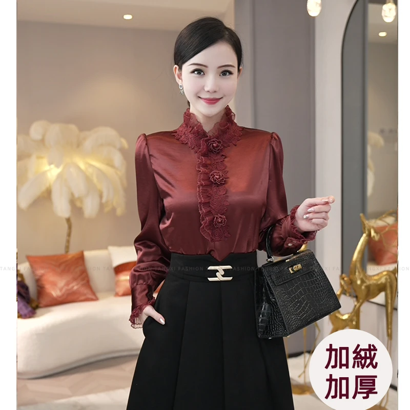 预售2025秋冬款【LT-D960】加绒加厚高级感缎面红色长袖衬衫上衣女