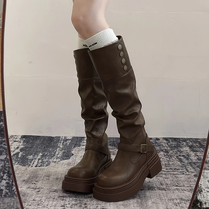 时装复古英伦风粗跟厚底长筒靴女2025新款秋冬季显瘦长靴骑士靴子