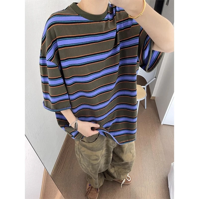 美式复古军绿紫色条纹短袖男款夏季高级感t恤cleanfit宽松七分袖