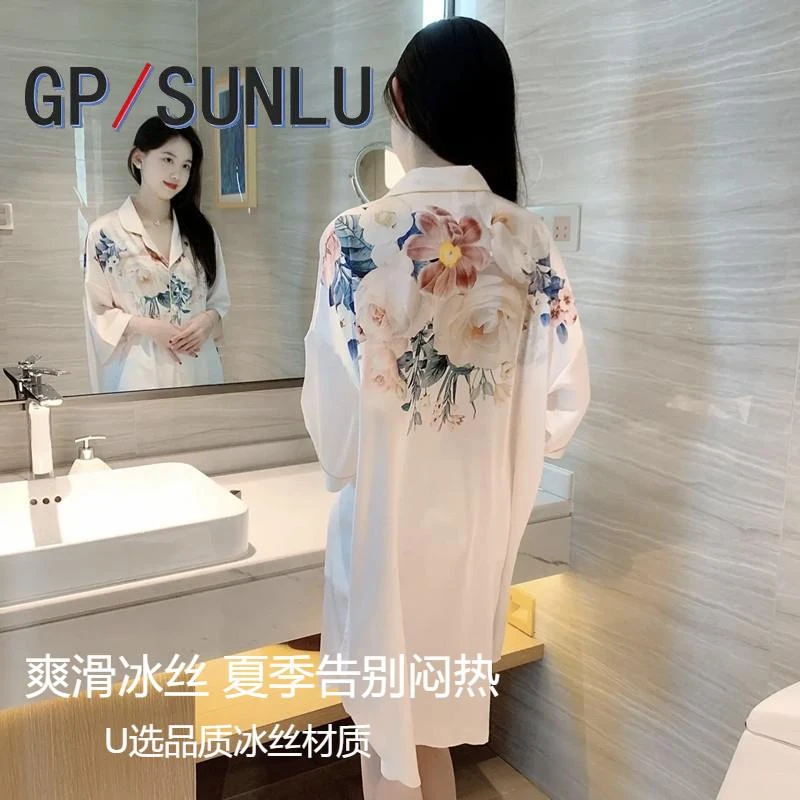 日本小众GP冰雪丝牡丹花睡裙女春夏款网红短袖薄凉感性感衬衫睡衣
