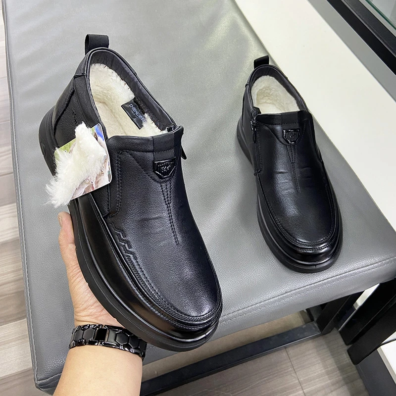 冬季男士2025真牛皮羊毛正装商务休闲皮鞋保暖软底爸爸棉鞋雪地靴