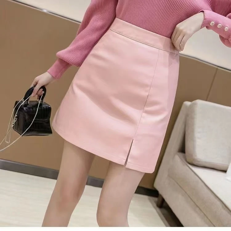 XRJ半身裙女夏季小个子皮裙少女高腰A字裙防走光短裙包臀裙