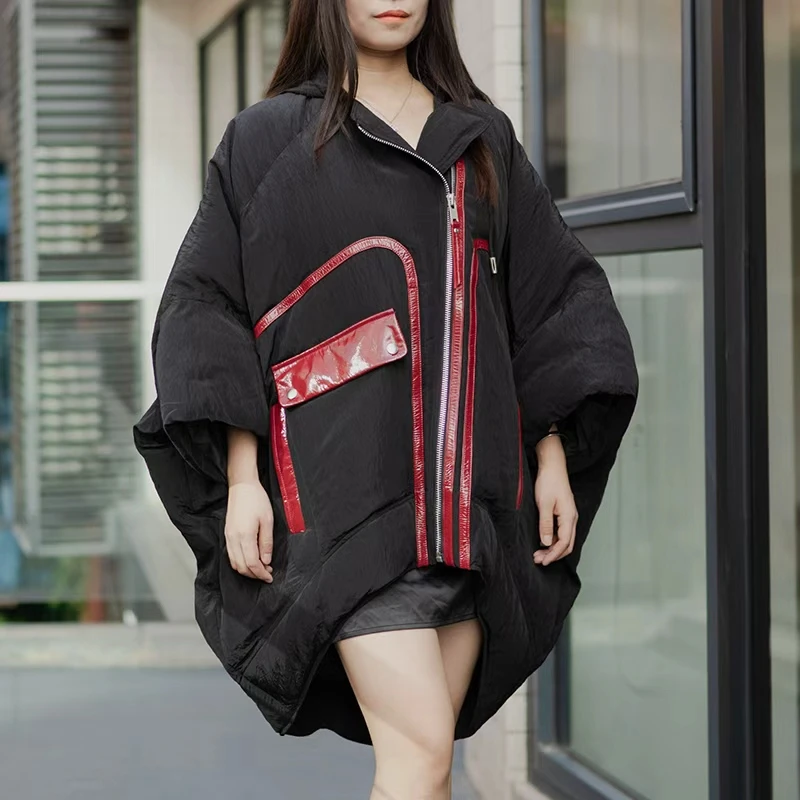 [连帽外套]设计师品牌加厚加绒廓形版黑红中长款